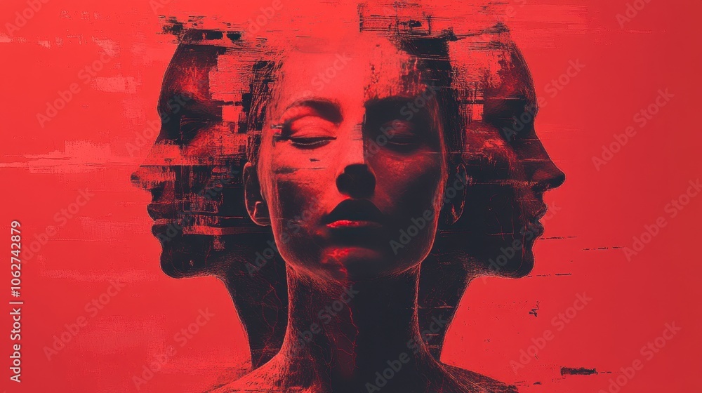 Poster abstract triple portrait with striking red accents. generative ai image