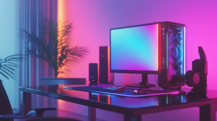 Neon-lit gaming desk with computer, keyboard, mouse.