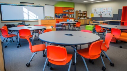 Classroom with colorful furniture and a whiteboard.
