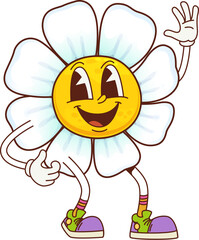 Groovy daisy chamomile flower character. Isolated cartoon vector camomile blossom personage with white petals, vintage sneakers, big eyes, wide, charming smile, and a laid-back, groove summer vibe