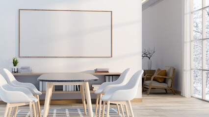 A minimalist meeting room or dining room features a meeting table with chairs.