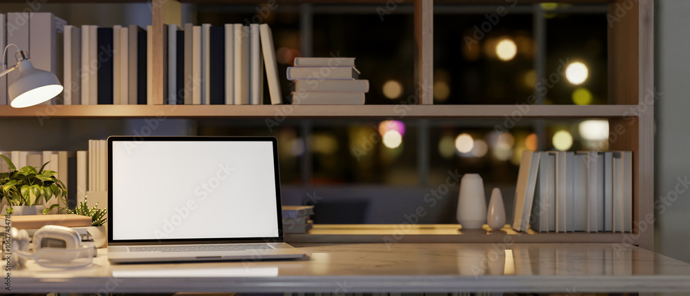 Poster a laptop on a table by a bookshelf in a modern office at night, illuminated by a table lamp.