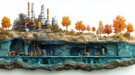 Vector cartoon style infographic illustration showing different depths underground of a city with industrial plants and power plants