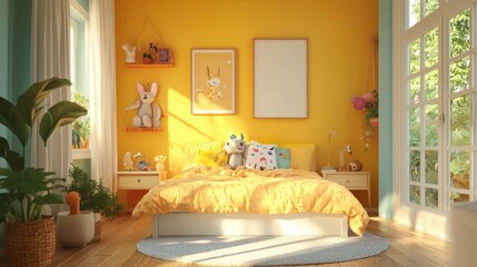 Dreamy and Colorful Kids Bedroom with Whimsical Decor and Blank Poster Mockup for Personalization