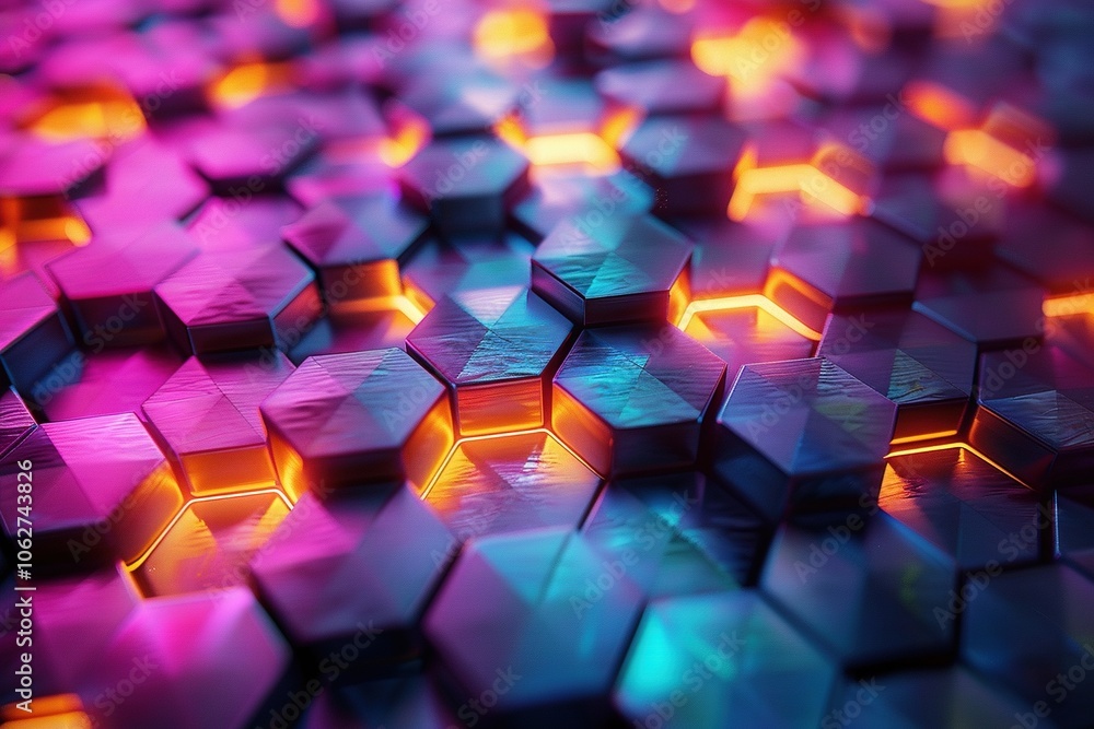 Poster a vibrant, abstract hexagonal pattern with glowing edges in a colorful digital design.