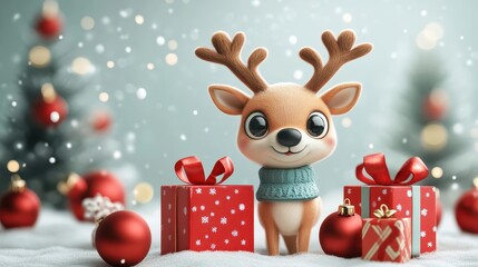 Realistic 3d cute christmas reindeer with gifts in Christmas decorations. Christmas winter holiday composition. Generative AI.