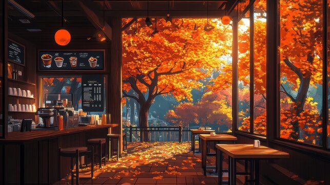 autumn night cafe wood interio twitch zoom vtuber asset obs screen anime chill hip stream overlay loop background interior of a coffee shop woodsy aesthetic during fall orange tones