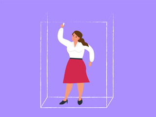 woman introvert  drawing rectangle box around herself comfort zone personal boundary vector illustration