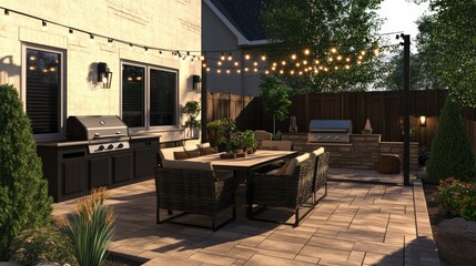 Outdoor patio with dining table, chairs, and grills.