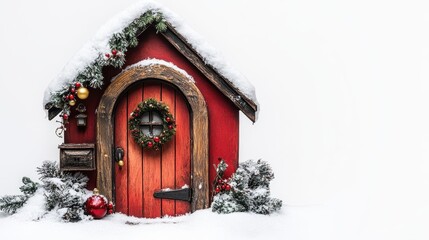 Christmas house door white background.