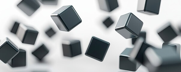 A collection of black cubes floating in a soft, blurred background, creating a dynamic and modern visual effect.