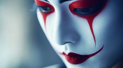 Obraz premium Close Up of Woman with Red and White Makeup Mysterious Look Dramatic Eyes