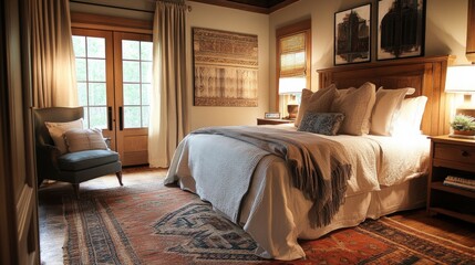 Cozy bedroom with a bed, rug, and armchair.