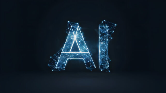 A futuristic representation of the letters 'A' and 'I' made up of glowing blue lines and dots, symbolizing artificial intelligence and technology. The background is dark.