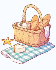 Summer Picnic Basket with Bread and Starfish