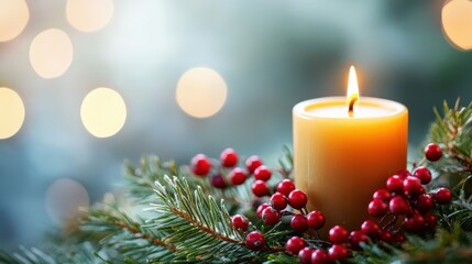 Candle with Holiday Berries and Blurred Background.