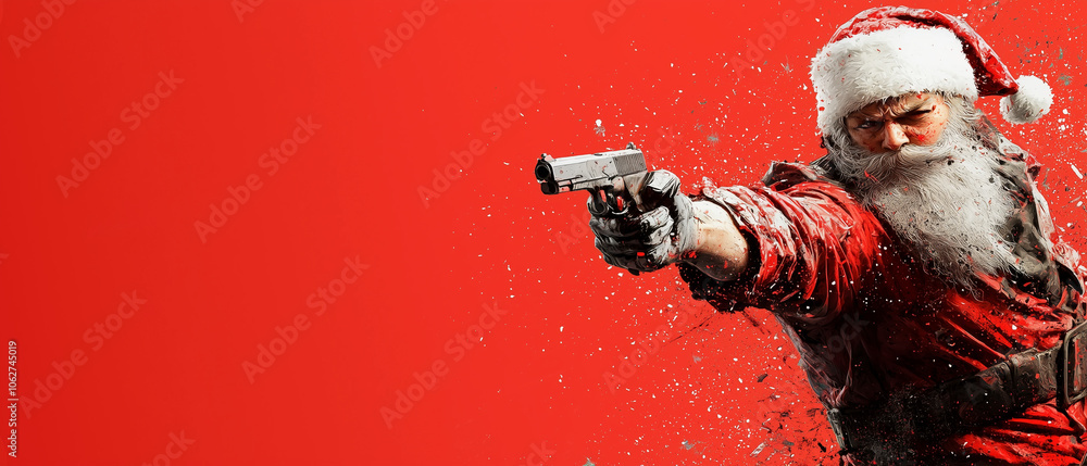 Poster santa claus in dynamic pose, wearing red suit and hat, aiming gun with determined expression against