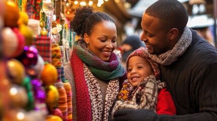 Obraz premium Vibrant Festive Scene: South African Family Enjoying Craft Shopping for Warm Scarves and Holiday Lights