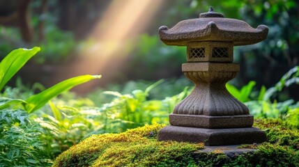 Stone Lantern in Japanese Garden with Sunlight and Green Foliage