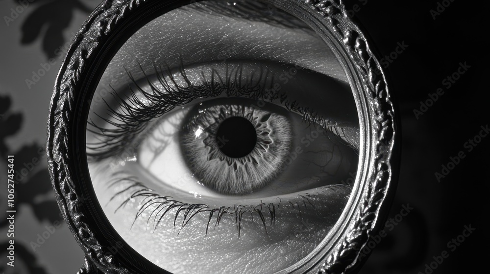 Poster reflection of an eye in vintage handheld mirror. generative ai