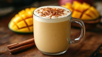A mug of creamy, frothy drink topped with cinnamon, with a mango in the background
