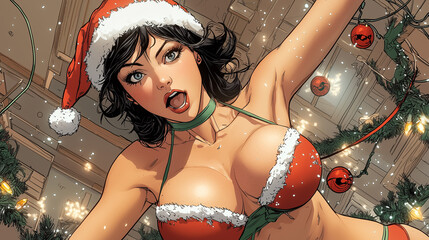 dynamic illustration of woman in Santa outfit, with festive decorations and lively expression, captures holiday spirit