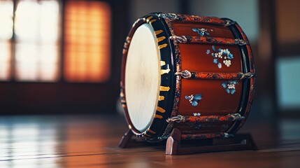 Traditional Japanese Taiko Drum with Floral Design on Wooden Floor