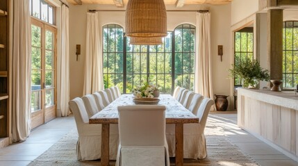 Fototapeta premium Rustic dining room with large windows.