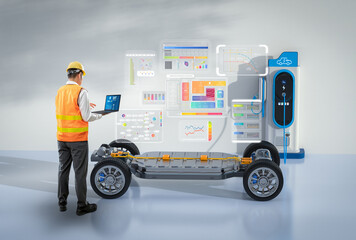 Asian engineer or technician with ev car at charging station
