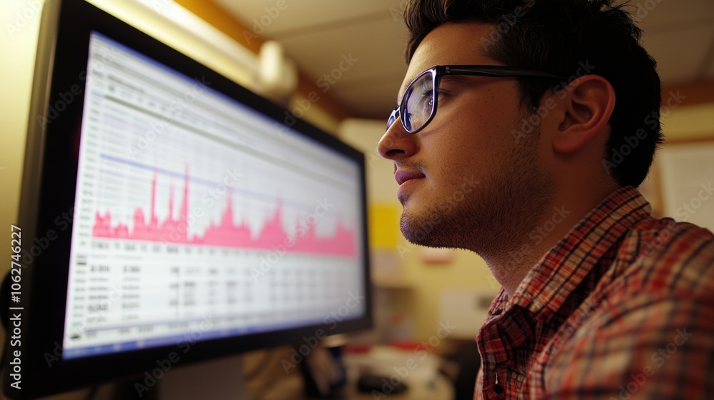 Poster businessman analyzing data on computer monitor