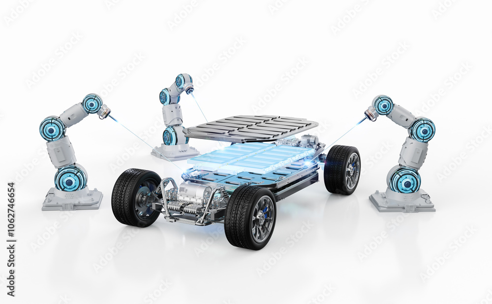 Poster robot assembly line with electric car battery cells module on platform