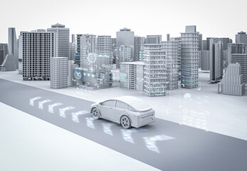 White ev car model drive in town with digital graphic interface