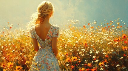 Blonde woman on summer dress standing in wildflowers field, Generative AI
