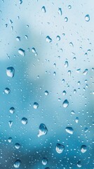 Raindrops on Window with Sky Blue Blurred Background