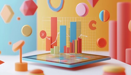 Iconic 3D representation of data analysis, with charts and graphs above a tablet.
