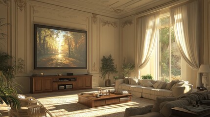 Elegant living room with big tv screen. Generative ai.