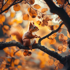 A red squirrel holding a nut sits on a branch, surrounded by golden autumn leaves.

