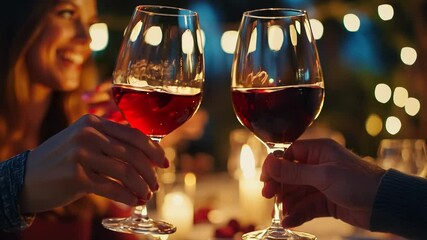 Young couple toasting with red wine at restaurant, capturing intimate celebration