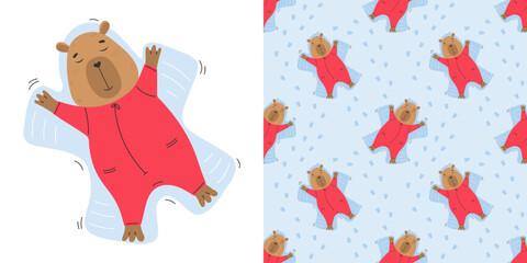 Seamless pattern with capybara making snow angels.
