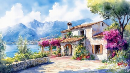 Fototapeta premium Beautiful house surrounded by flowers, mediterranean architecture watercolor painting