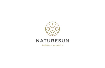 Nature leaf sun with line art style logo icon design template flat vector