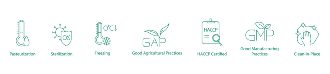 Pasteurization, Sterilization, Freezing, Good Agricultural Practices, HACCP Certified, Good Manufacturing Practices, Clean in Place Vector Icon Set for Food Safety