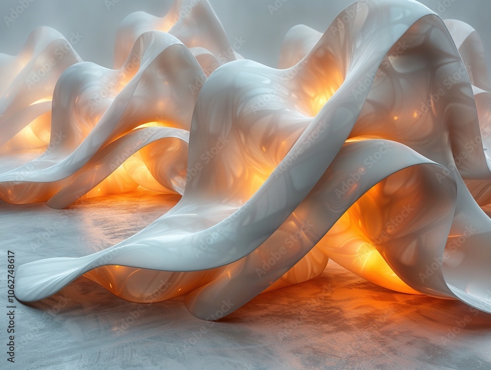 Poster abstract design featuring flowing, illuminated forms in a soft, wavy structure.