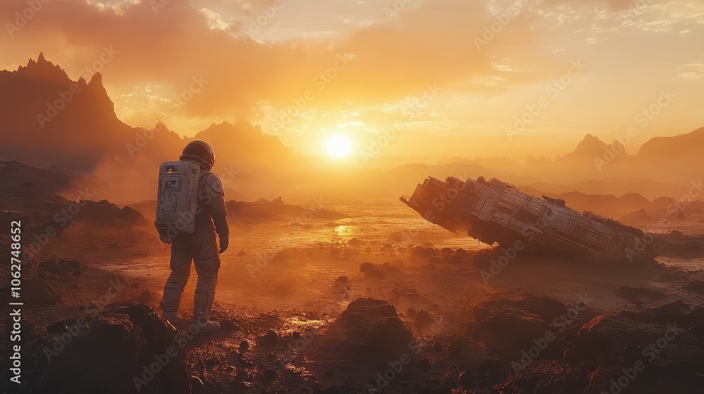 Poster astronaut exploring an alien landscape near a crashed spacecraft on a distant planet at sunset