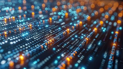 Obraz premium Abstract digital data flow with glowing binary code and vibrant lights.