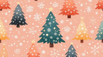 Cute Pastel Christmas Tree Pattern With Snowflake Accents