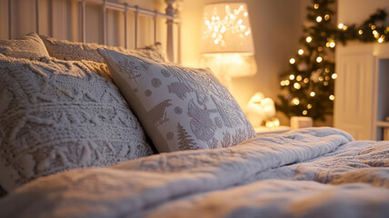 Bed in bedroom with Christmas tree and holiday decorations