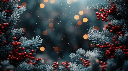 Fototapeta premium The festive holiday background of frosted pine branches with red berries and shimmering lights is perfect for celebrations of the season, especially around Christmas.