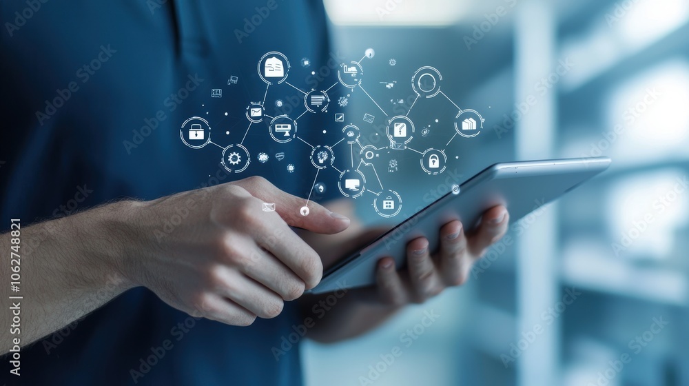 Poster a businessman accessing a virtual server infrastructure with his tablet, seamlessly managing his bus