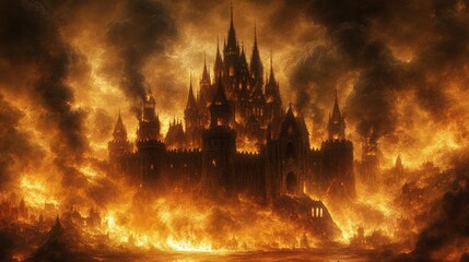 Fototapeta premium Burning Gothic Castle in Fiery Landscape Fantasy Architecture Dark Art